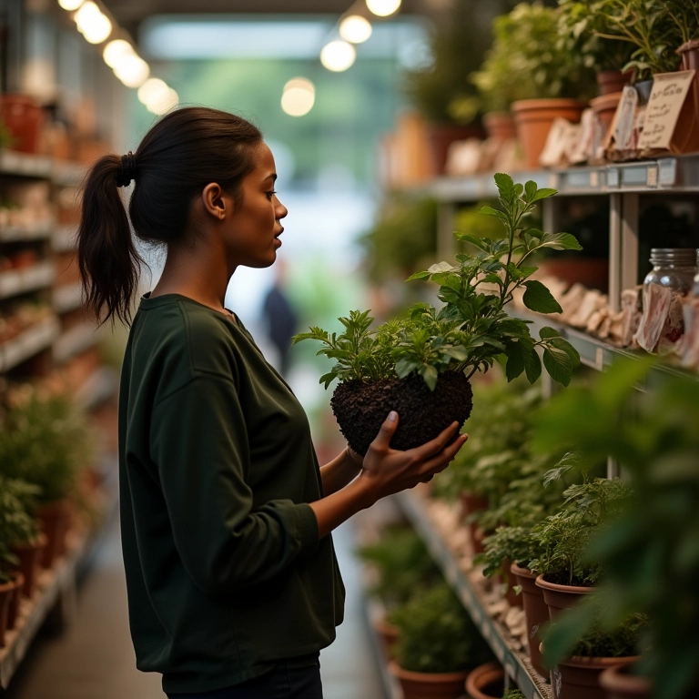 Pessoa escolhendo um minhocário pronto em loja de jardinagem.
