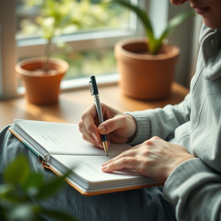 Pessoa escrevendo num caderno, planejando abrir um negócio sustentável.
