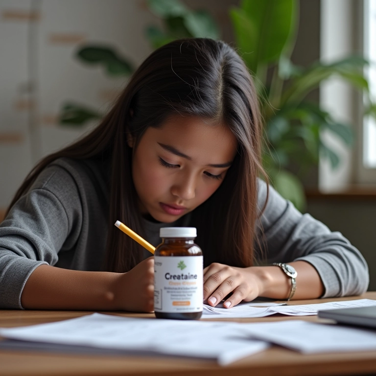 Pessoa estudando com creatina na mesa.