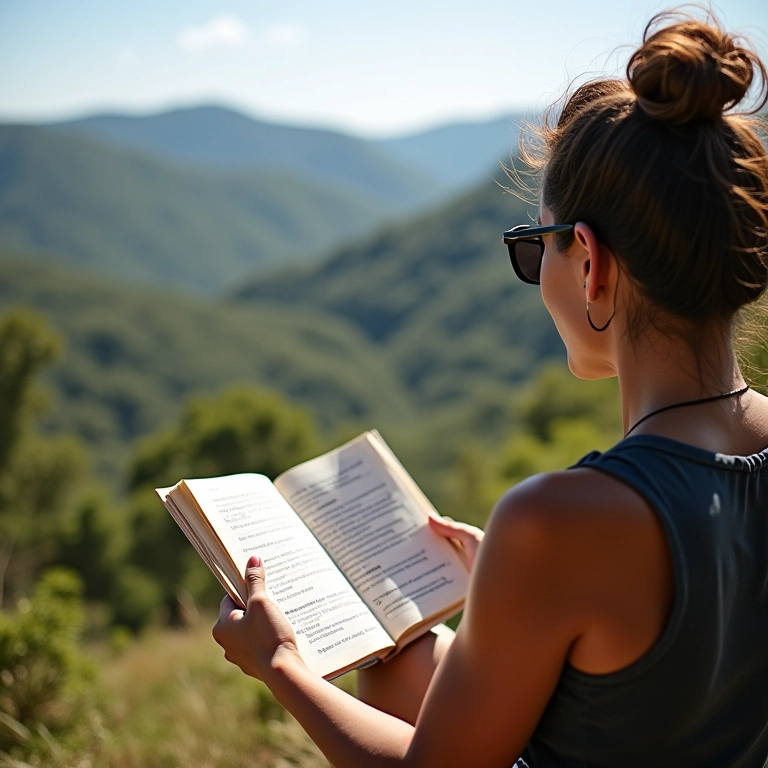 Pessoa feliz lendo spoiler com paisagem brasileira ao fundo.