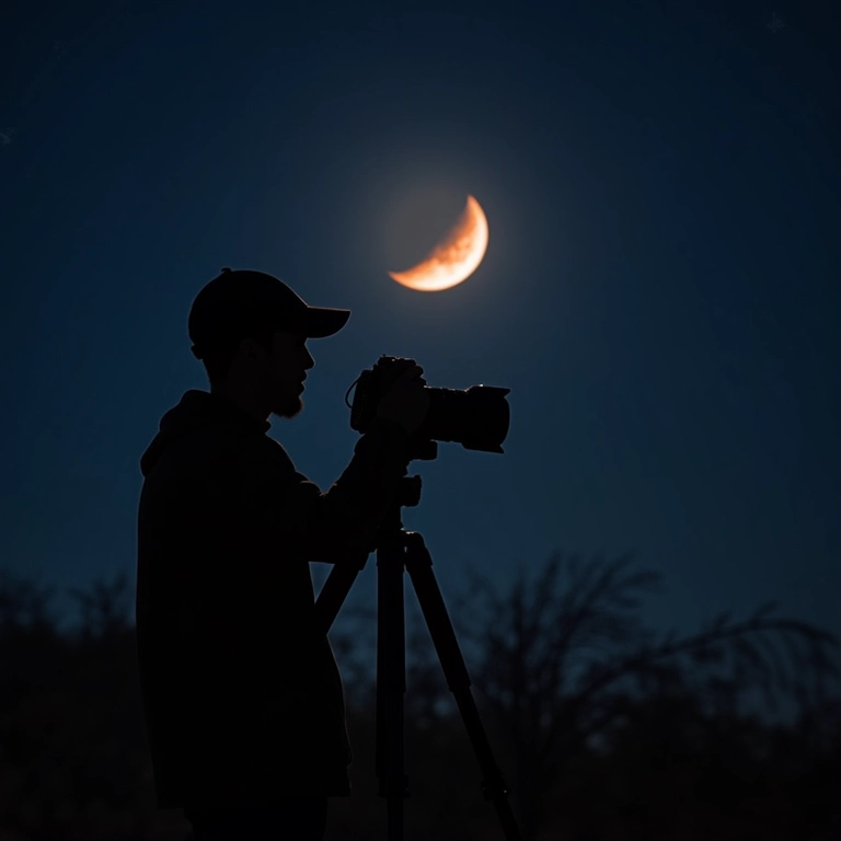 Pessoa fotografando um eclipse lunar com uma câmera DSLR e tripé.