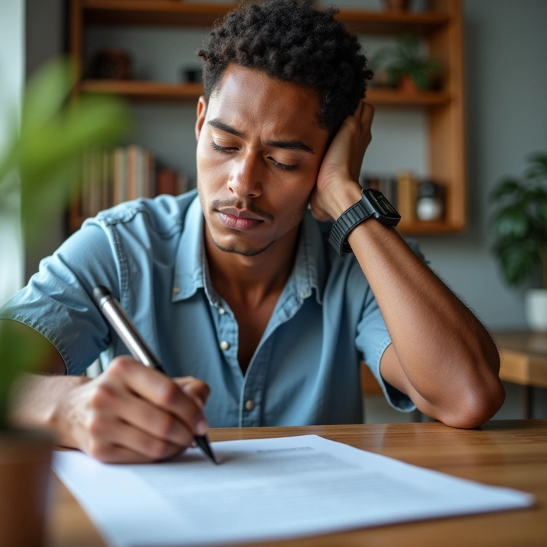 Pessoa hesitando antes de assinar documento, pensando com cuidado.