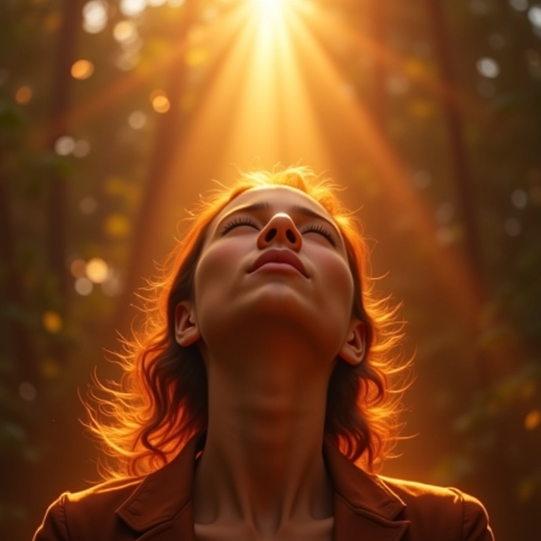 Pessoa iluminada sentindo paz e iluminação após viagem astral.