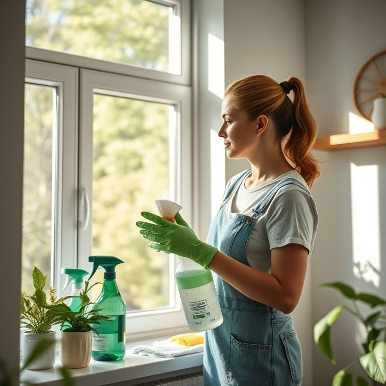 Pessoa limpando a casa com produtos de limpeza ecológicos.