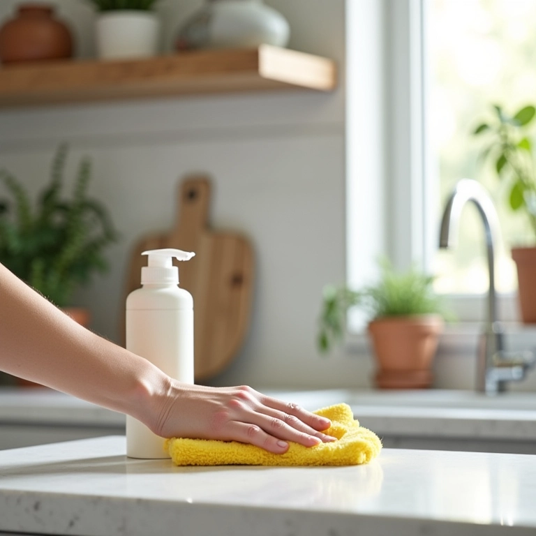 Pessoa limpando cozinha com produtos de limpeza veganos e ecológicos.