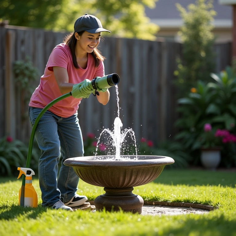 Pessoa limpando uma pequena fonte de água no quintal.