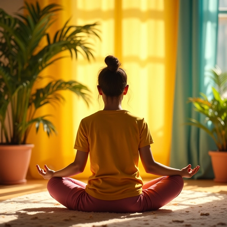 Pessoa meditando em espaço colorido, rejeitando possessão demoníaca.