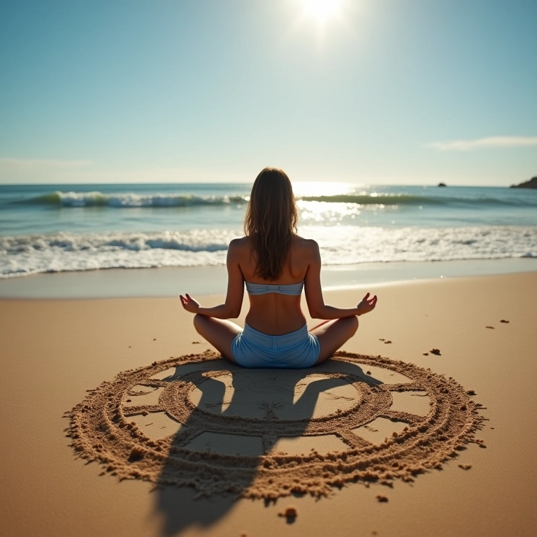 Pessoa meditando na praia com símbolos do zodíaco na areia.