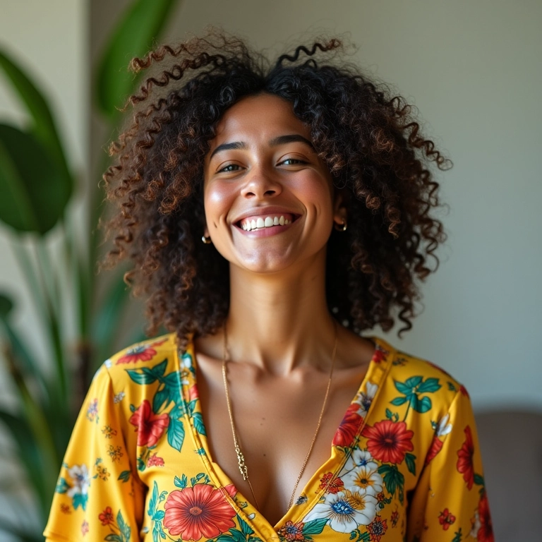 Pessoa não binária brasileira com roupa colorida, expressando liberdade e usando pronomes neutros.