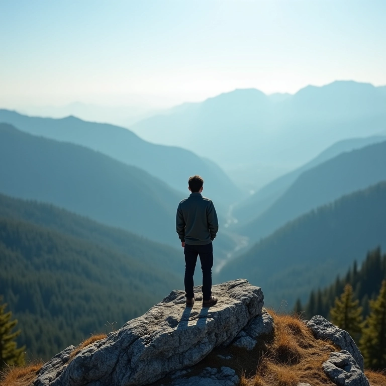 Pessoa no topo da montanha sentindo liberdade.