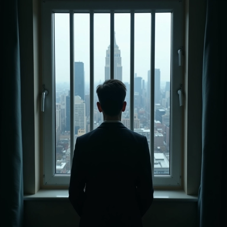 Pessoa olhando para a cidade através de uma janela com barras, simbolizando a prisão da dívida.