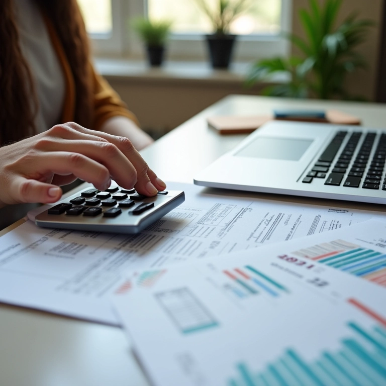 Pessoa organizando documentos financeiros e usando uma calculadora em casa.