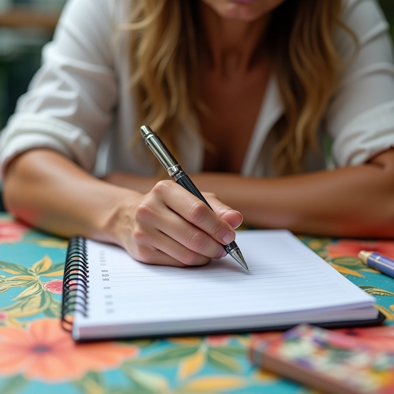 Pessoa organizando tarefas em um planner.