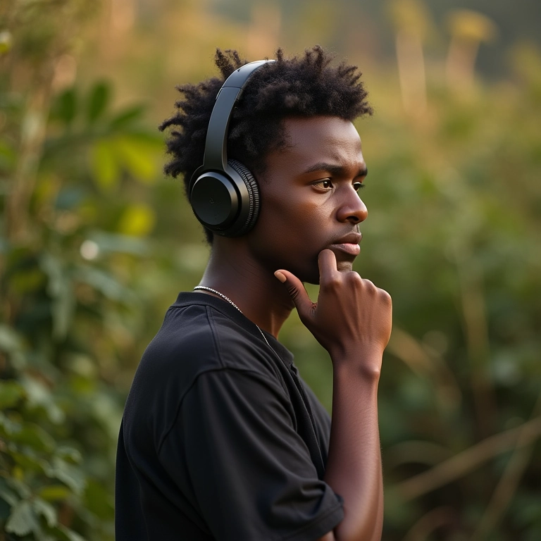 Pessoa ouvindo reggaeton com fones de ouvido, expressão pensativa.