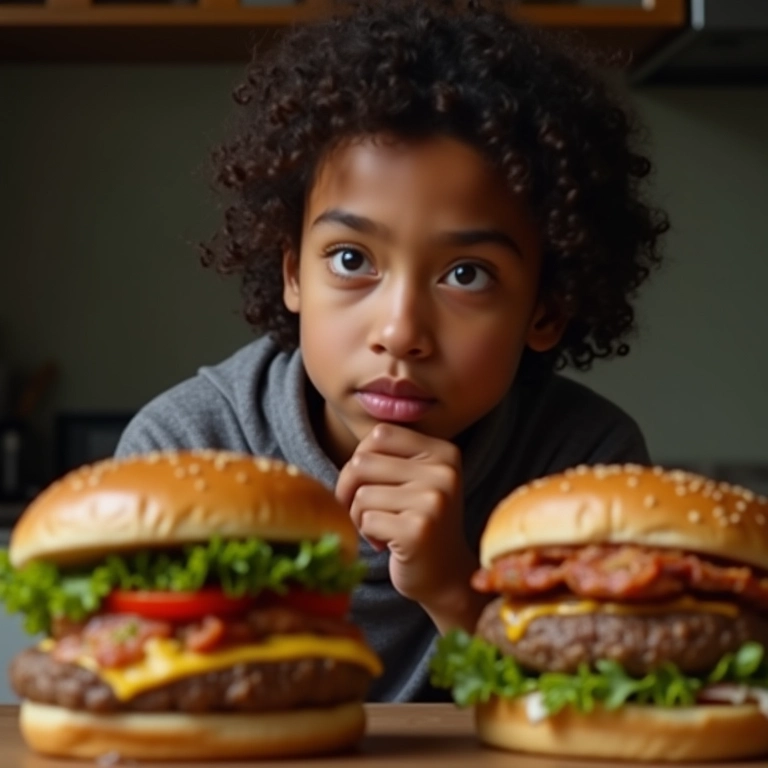 Pessoa pensativa ao lado de hambúrguer vegano e hambúrguer de carne.