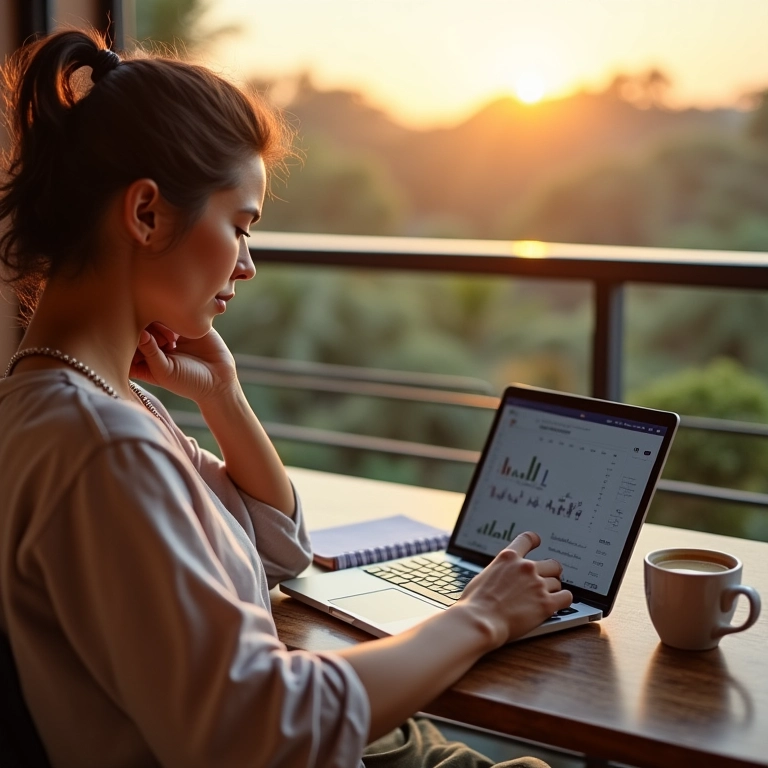 Pessoa planejando orçamento de viagem em varanda ensolarada no Brasil.