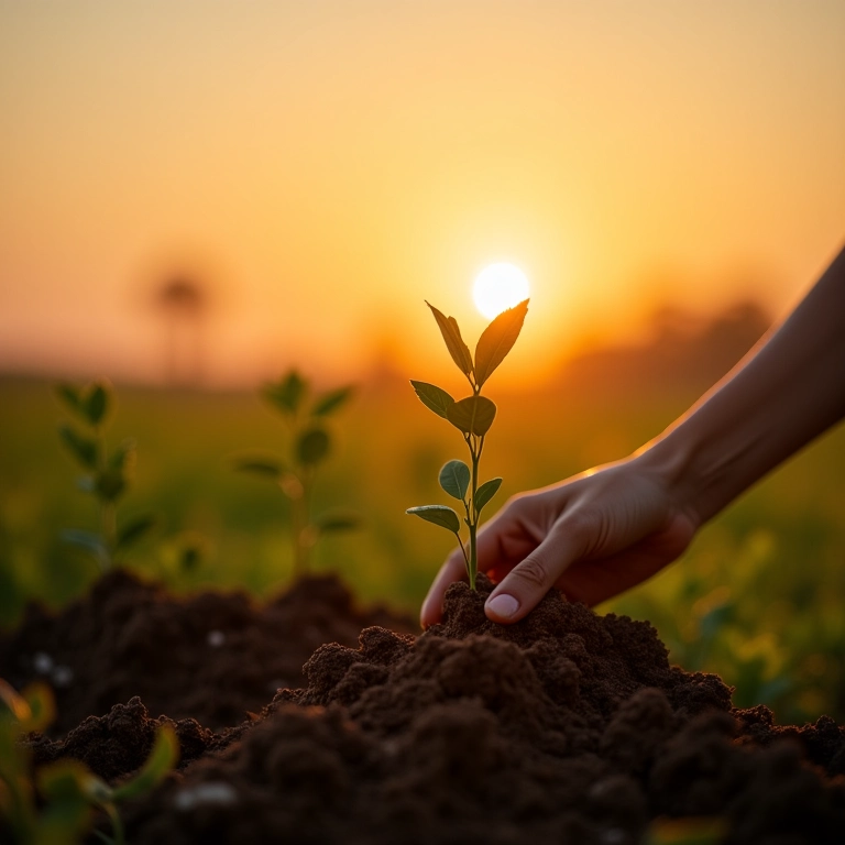 Pessoa plantando árvore ao nascer do sol, representando a paciência nos investimentos.