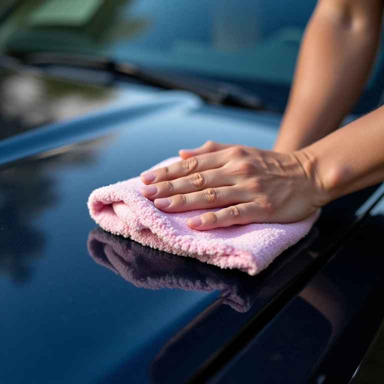 Pessoa polindo carro com pano de microfibra para brilho impecável.