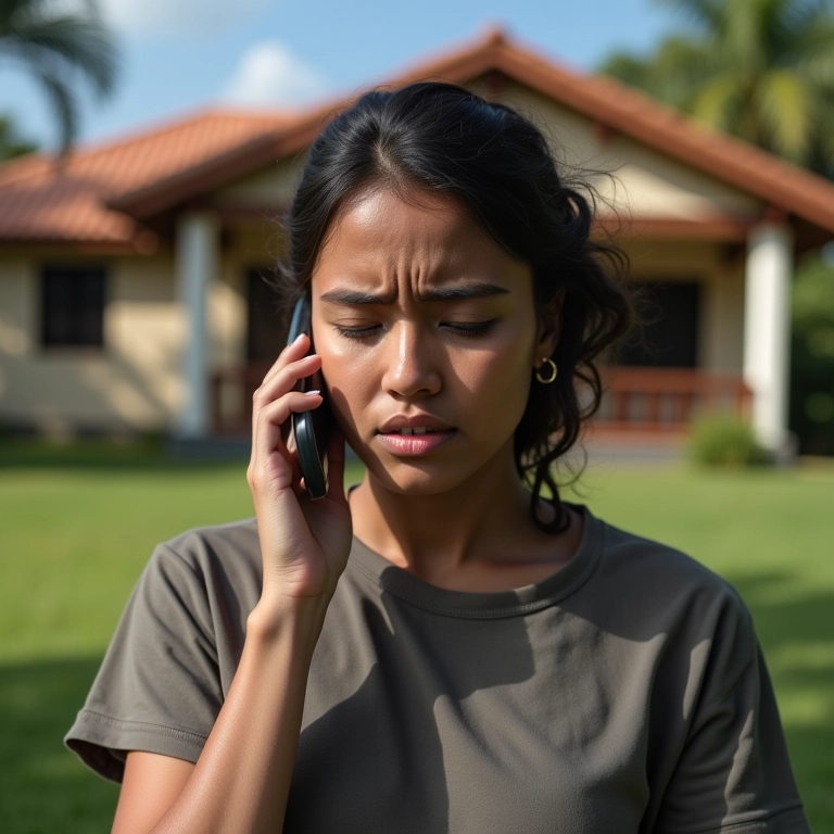 Pessoa preocupada ao telefone com uma casa ao fundo, representando as consequências do não pagamento de um empréstimo.