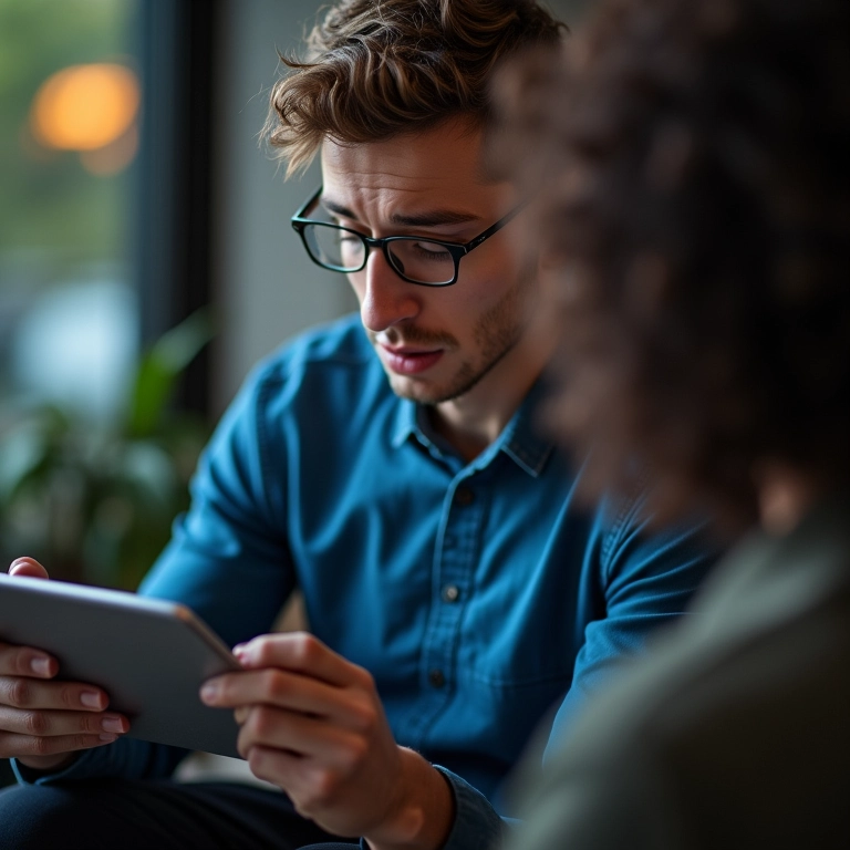 Pessoa preocupada olhando dados da bolsa de valores em um tablet.
