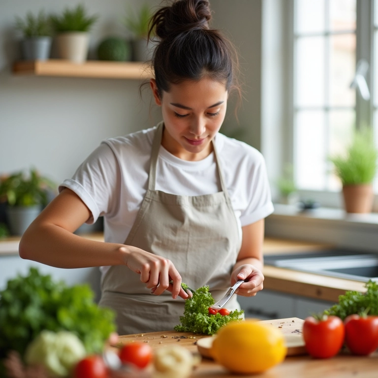 Pessoa preparando uma refeição saudável em uma cozinha moderna.