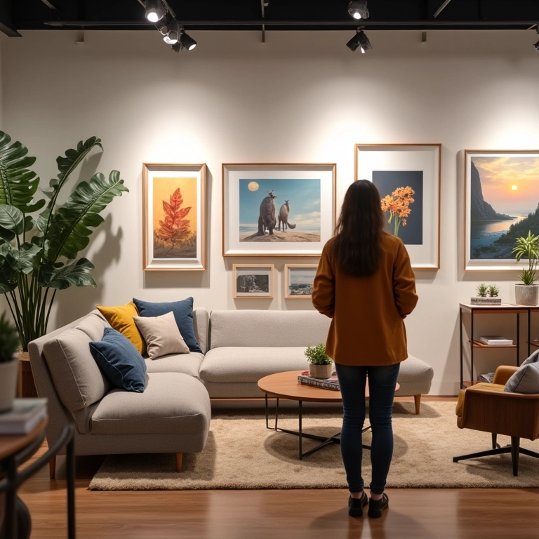 Pessoa procurando quadros para comprar em loja de arte.