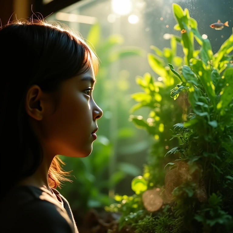 Pessoa relaxando ao observar aquário plantado.