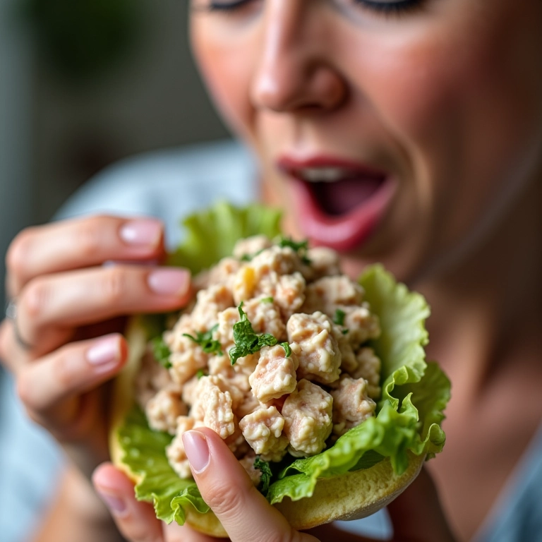 Pessoa saboreando salada de atum, enfatizando ingredientes balanceados.