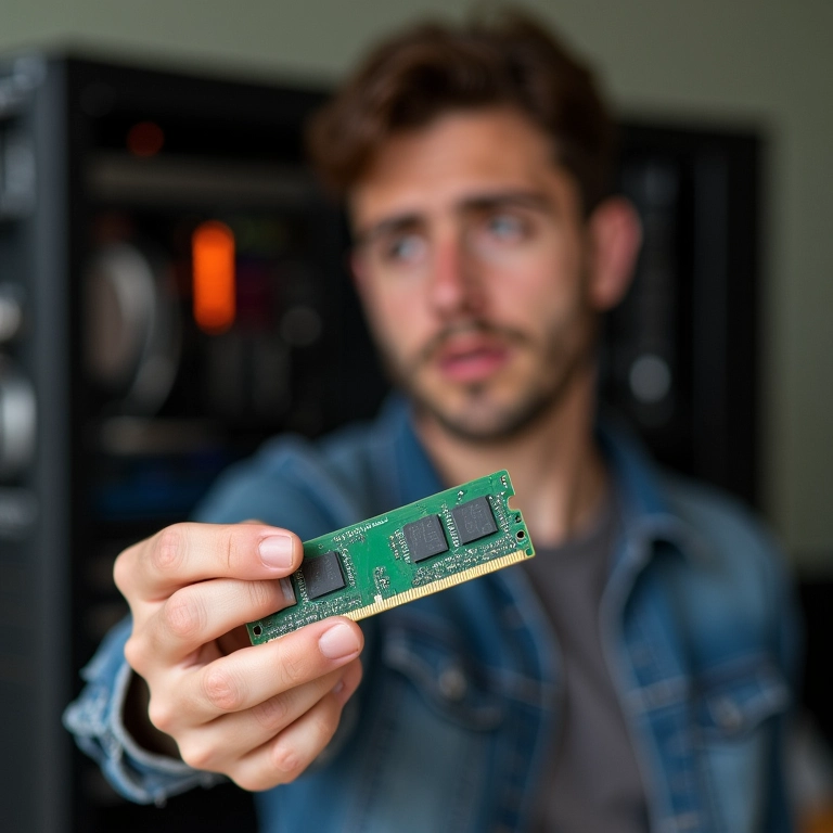 Pessoa segurando peça de computador danificada com expressão de frustração.