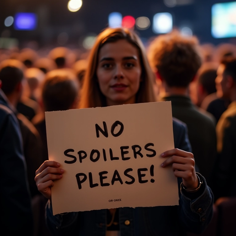 Pessoa segurando placa pedindo para não darem spoilers na fila do cinema.