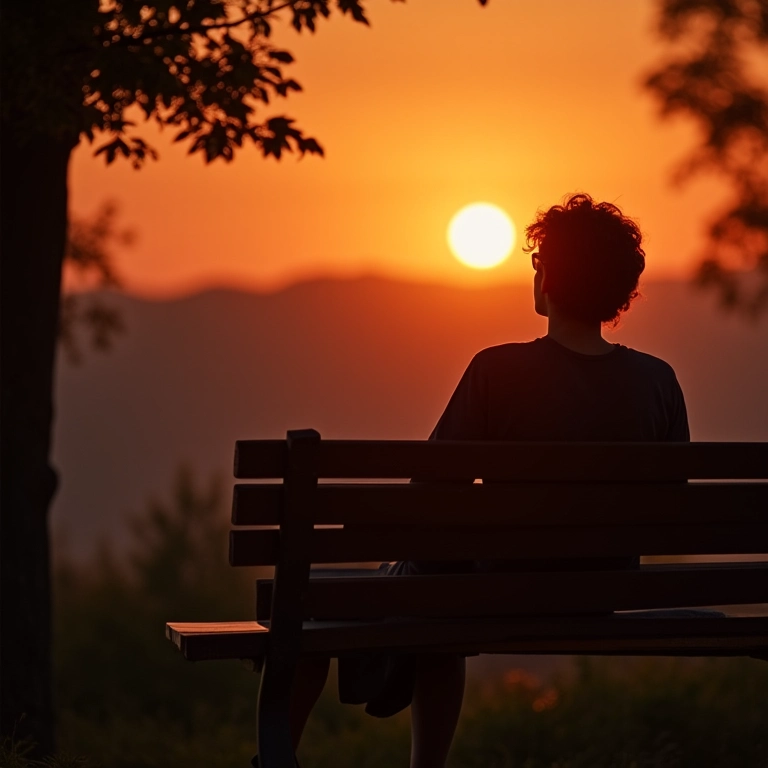 Pessoa sentada em um banco de parque, olhando o pôr do sol, em contemplação 'grayassexual'.