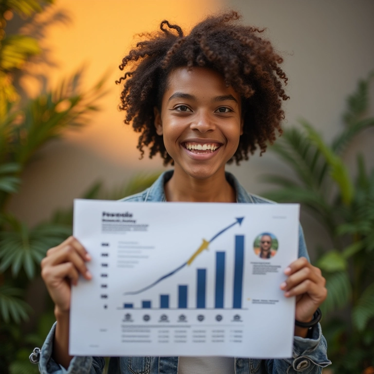 Pessoa sorrindo com relatório financeiro em mãos.