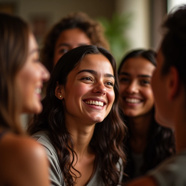 Pessoa sorrindo genuinamente, cercada por amigos, demonstrando alegria e conexão, desmistificando a ideia de que assexuais não sentem nada.