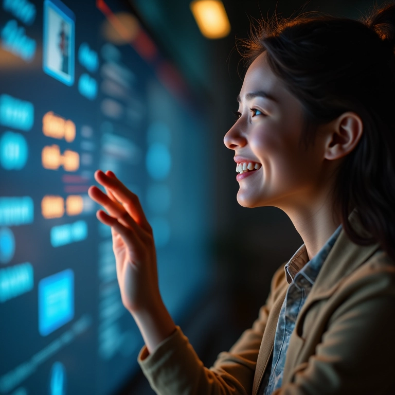 Pessoa sorrindo interagindo com IA, refletindo o tom e a personalidade da inteligência artificial.