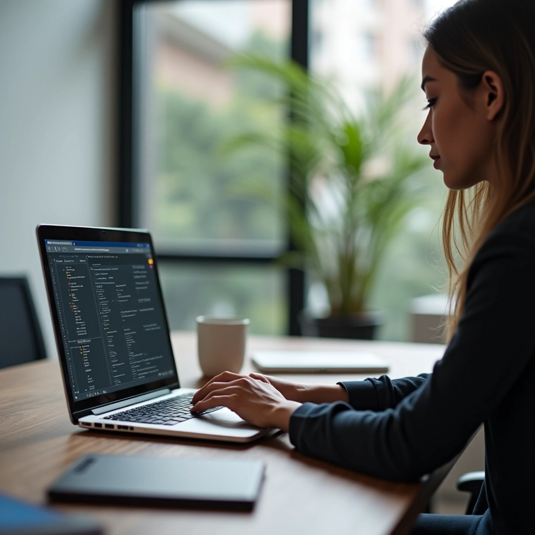 Pessoa trabalhando em um laptop, prestando serviços digitais a clientes.