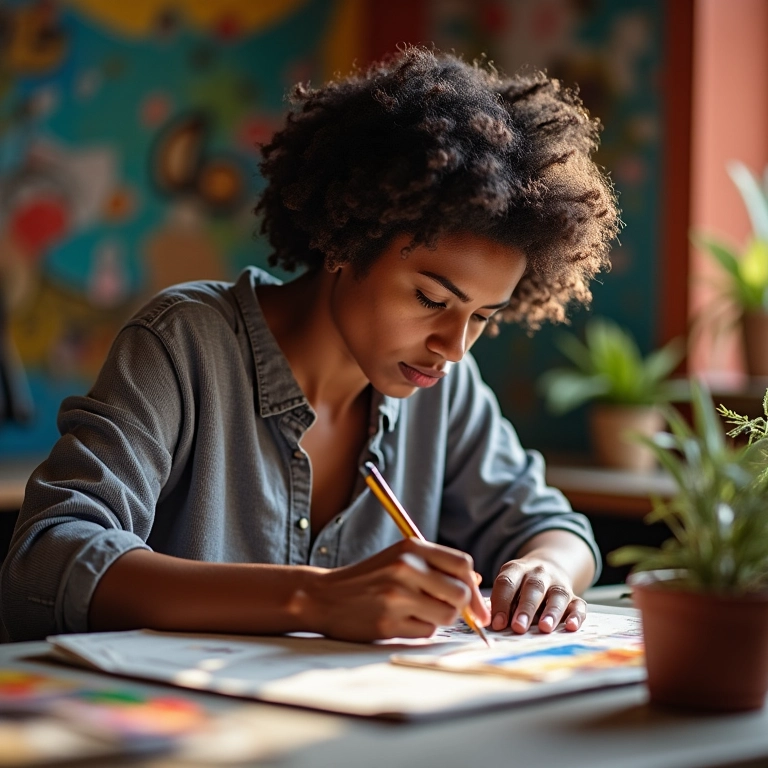 Pessoa trabalhando em um projeto criativo com paixão.