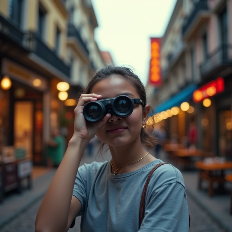 Pessoa usando binóculos para observar preços de lojas em rua movimentada.