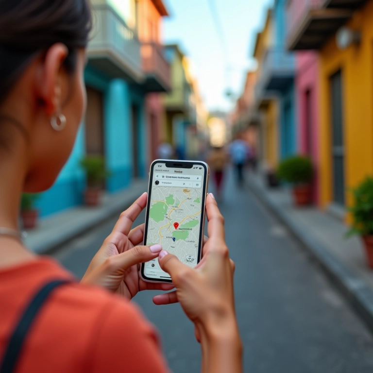 Pessoa usando o Google Maps em um smartphone caminhando em uma rua colorida no Brasil.
