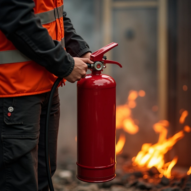 Pessoa usando um extintor de incêndio em um fogo controlado.
