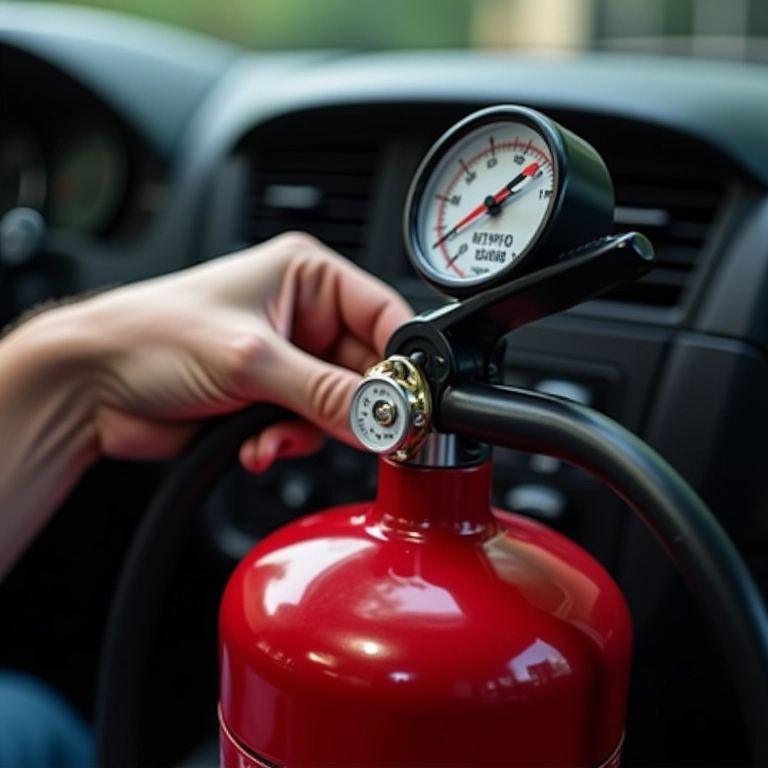 Pessoa verificando o manômetro de um extintor de incêndio em um carro.
