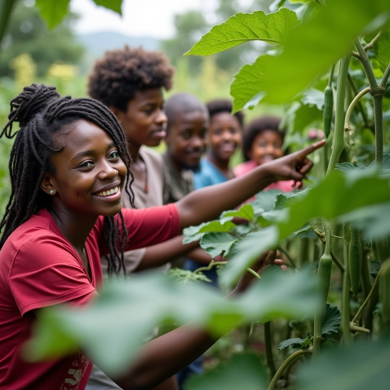 Pessoas admirando o crescimento de quiabo em casa.