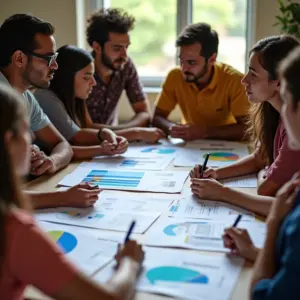 Pessoas analisando gráficos de probabilidade em um ambiente de trabalho diversificado.