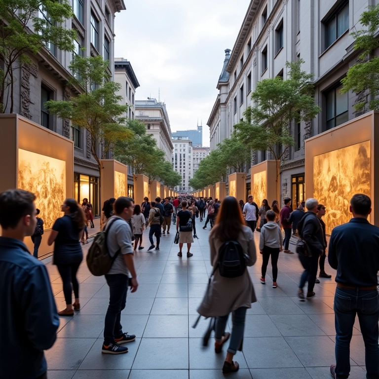 Pessoas aproveitando evento em praça pública reformada perto de museu.