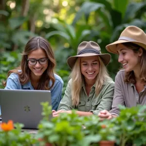 Aprenda Mais Sobre Jardinagem Com Cursos Online Pessoas assistindo curso online de jardinagem em meio a um belo jardim.