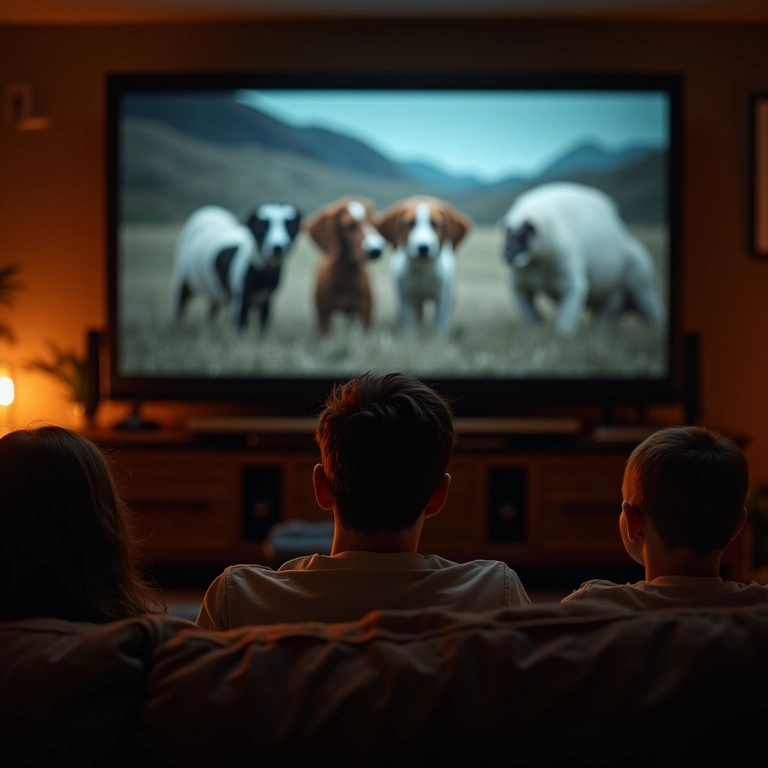 Pessoas assistindo documentário sobre direitos animais em sala de estar.