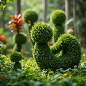 Pessoas criando topiarias em um jardim exuberante.