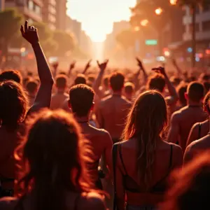 Pessoas dançando reggaeton em festa de rua vibrante no Brasil.