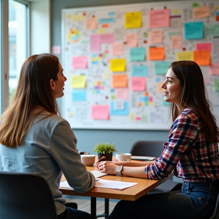 Pessoas debatendo ideias, uma usando mapa mental outra lista escrita.