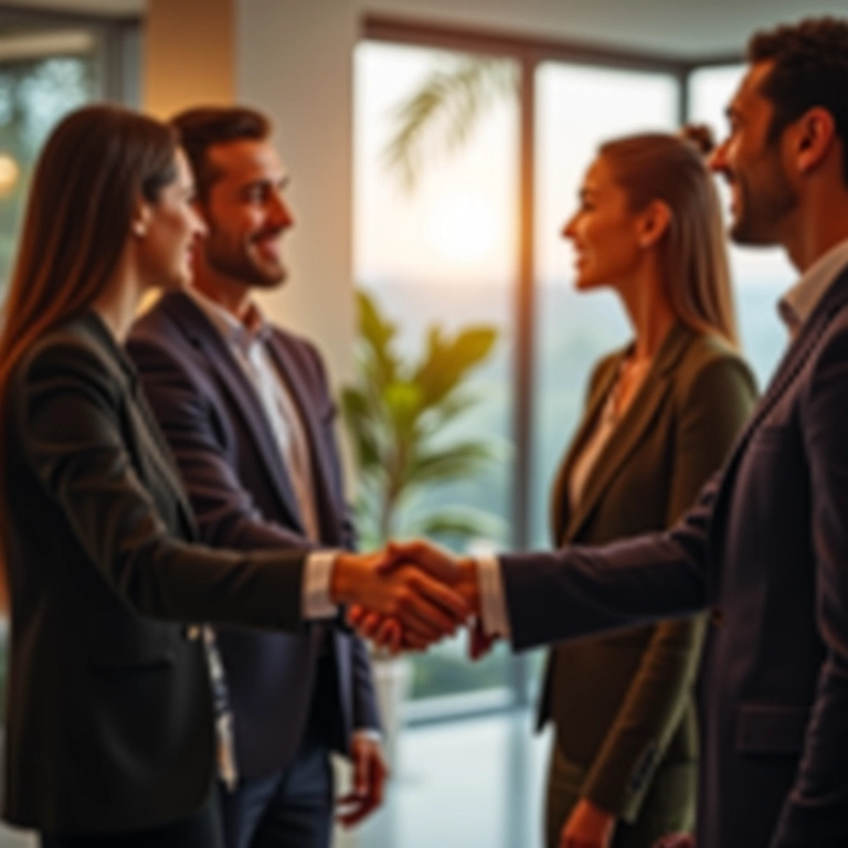 Pessoas diversas apertando as mãos em um escritório moderno, representando parceria com corretora de valores.