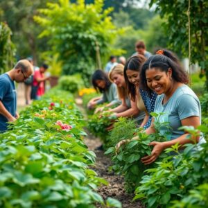 Pessoas diversas cuidando de um jardim vibrante, transmitindo alegria e conexão com a natureza.
